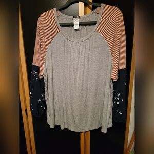 3X Striped and Bird Print Quarter Sleeve Top